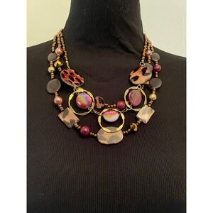 Jules B Womens Multi Strand Statement Necklace Animal Print Iridescent Gold Tone
